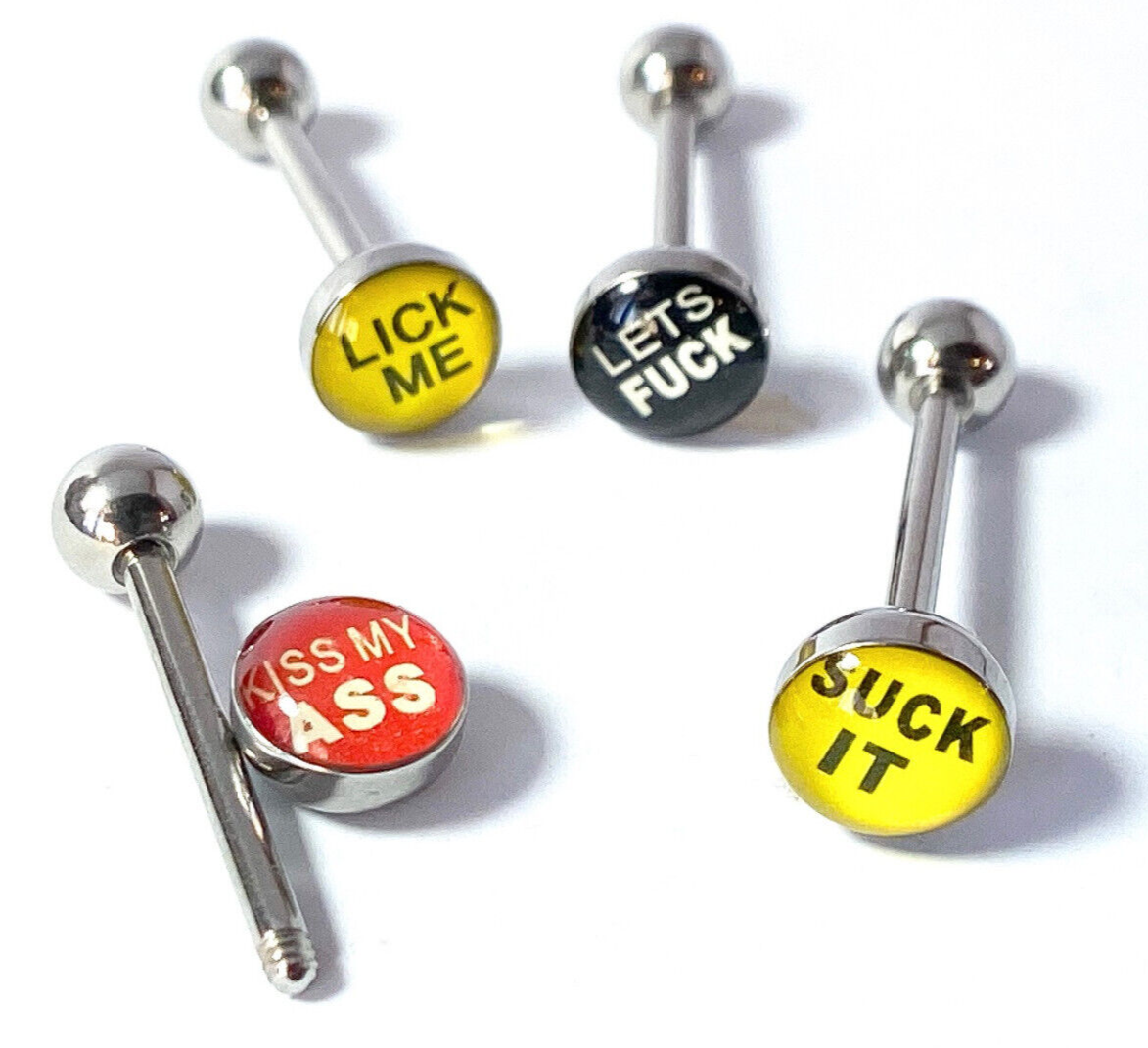 4pc Value Pack Epoxy Dome Bad Word Tongue Rings 14g Tounge Body Jewelry