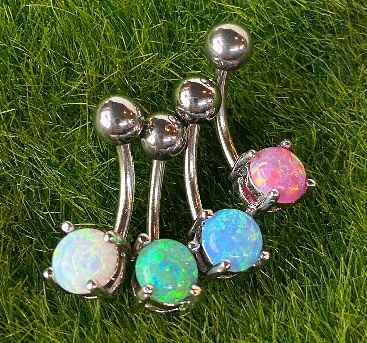 Solitaire Opal Stone Belly Ring Pierced Navel Rose Gold, Blue, Green, Pink