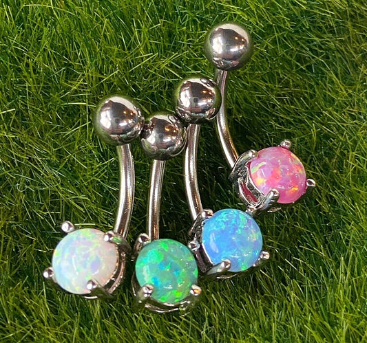 Solitaire Opal Stone Belly Ring Pierced Navel Rose Gold, Blue, Green, Pink