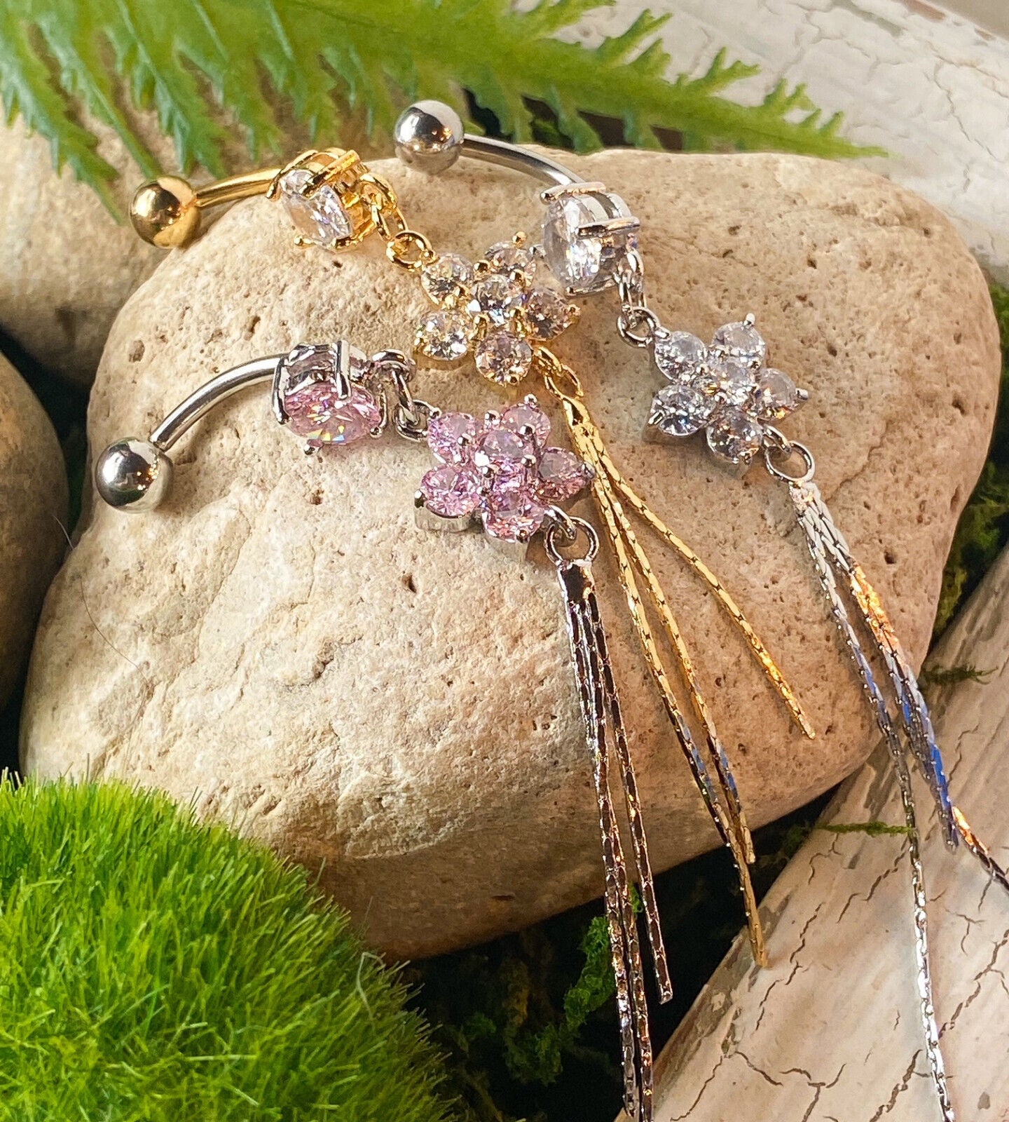 Flower Gem Chain Dangle Belly Ring Navel Naval Clear, Pink, Gold Plated Clear