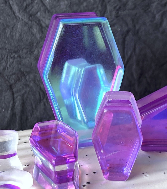 PAIR Mermaid Iridescent Glass Coffin Shaped Double Flare Plugs Gauges