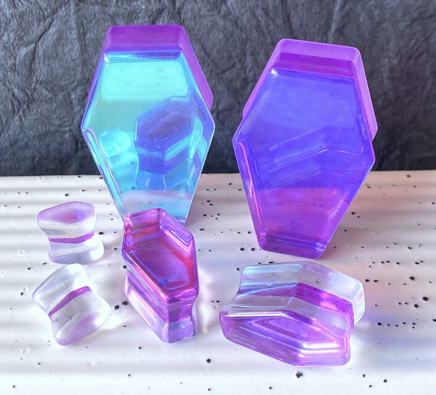PAIR Mermaid Iridescent Glass Coffin Shaped Double Flare Plugs Gauges