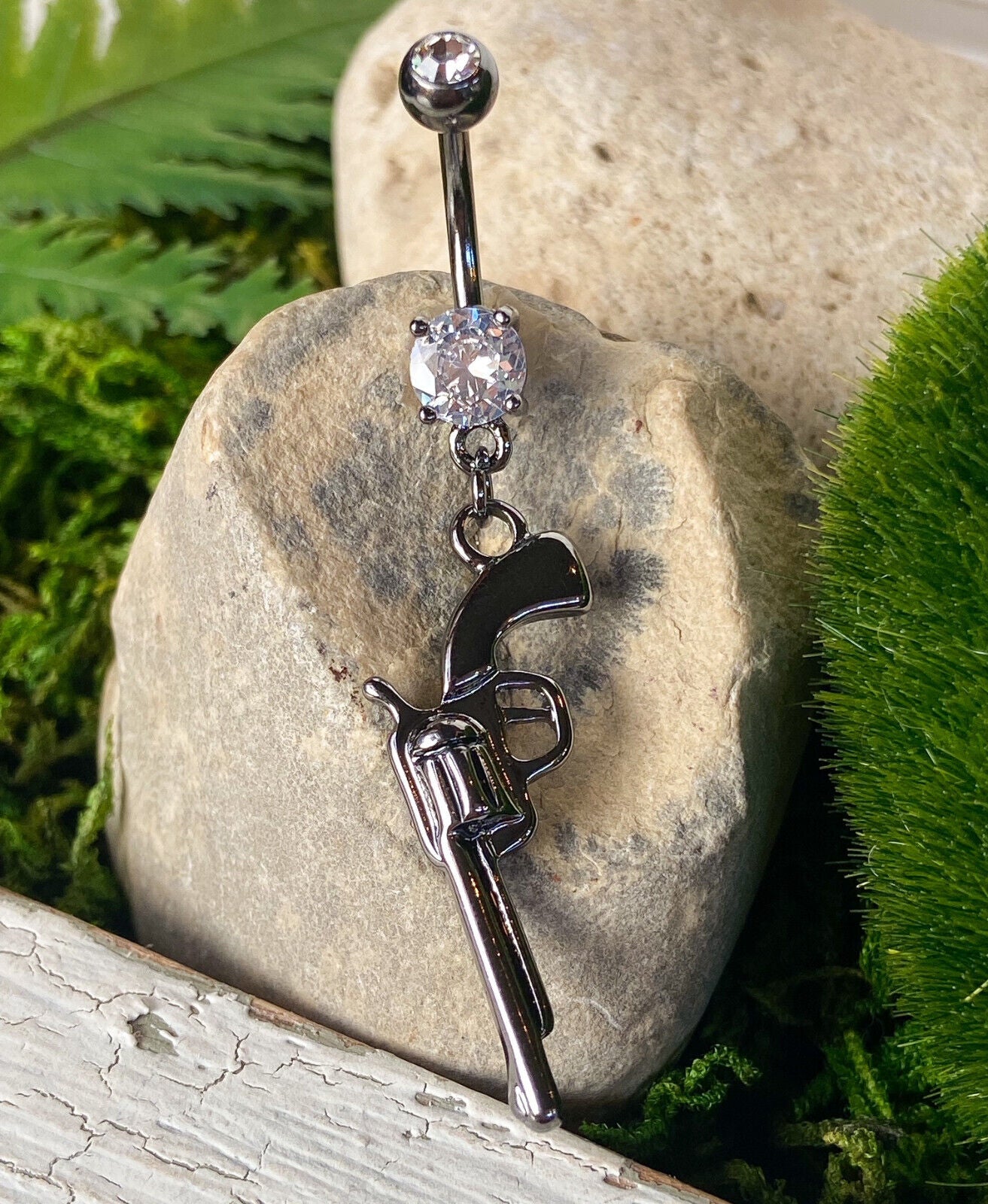 Gun Dangle Belly Ring CZ Gem Pierced Navel Stainless Steel, IP Gold, Hematite