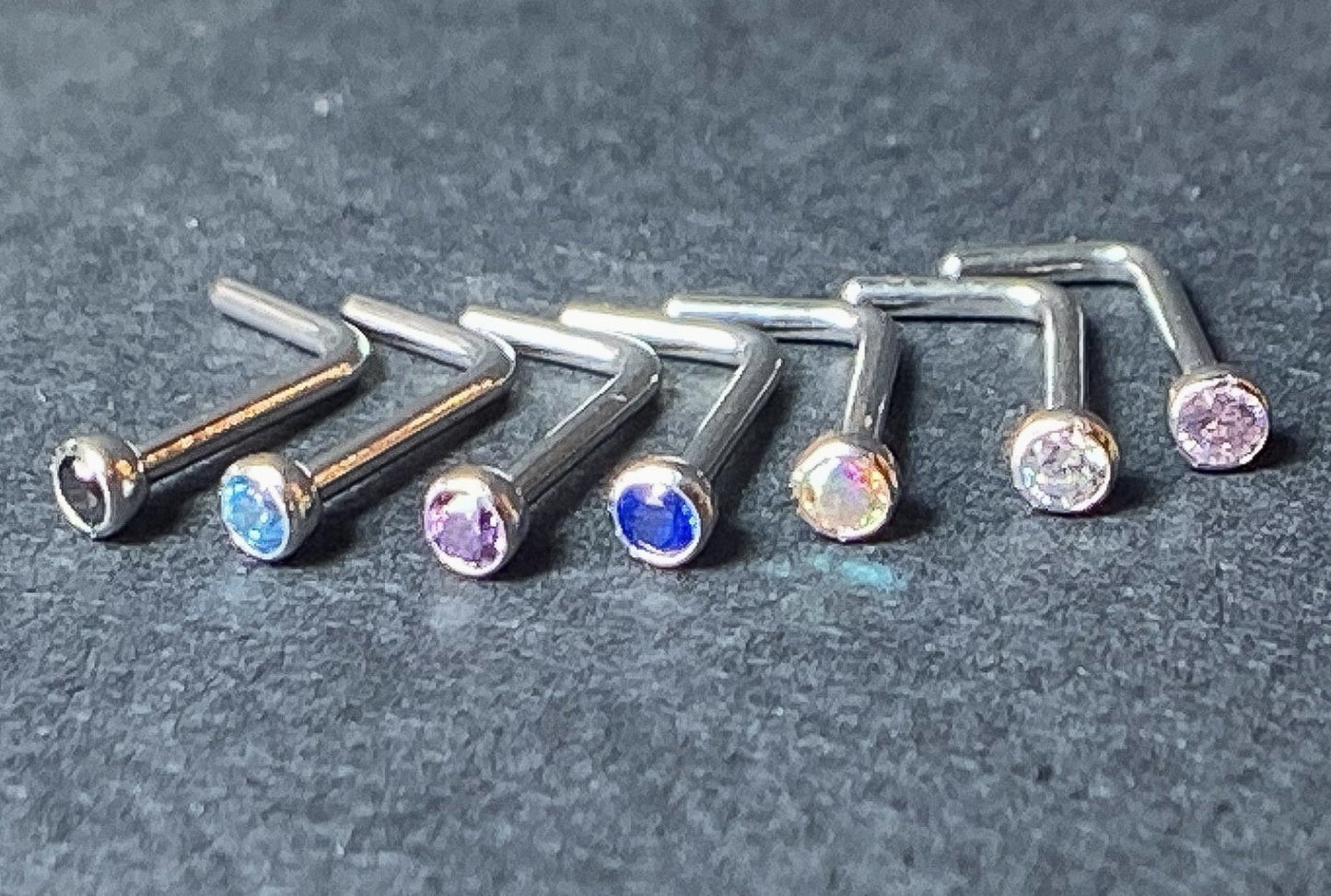 7pc Value Pack Press Fit Gem Surgical Steel L-Bend Nose Rings- choose 18g or 20g