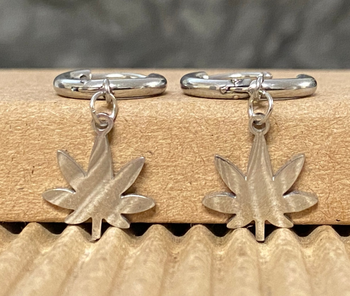 PAIR of Pot Leaf Dangle Hinged Hoop Earrings Huggies 18g 316L Stainless Steel
