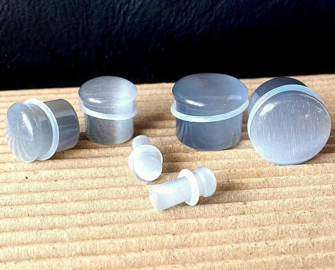 PAIR Gray Cat Eye Stone Plugs Single Flare Tunnels Earlets Gauges Body Jewelry