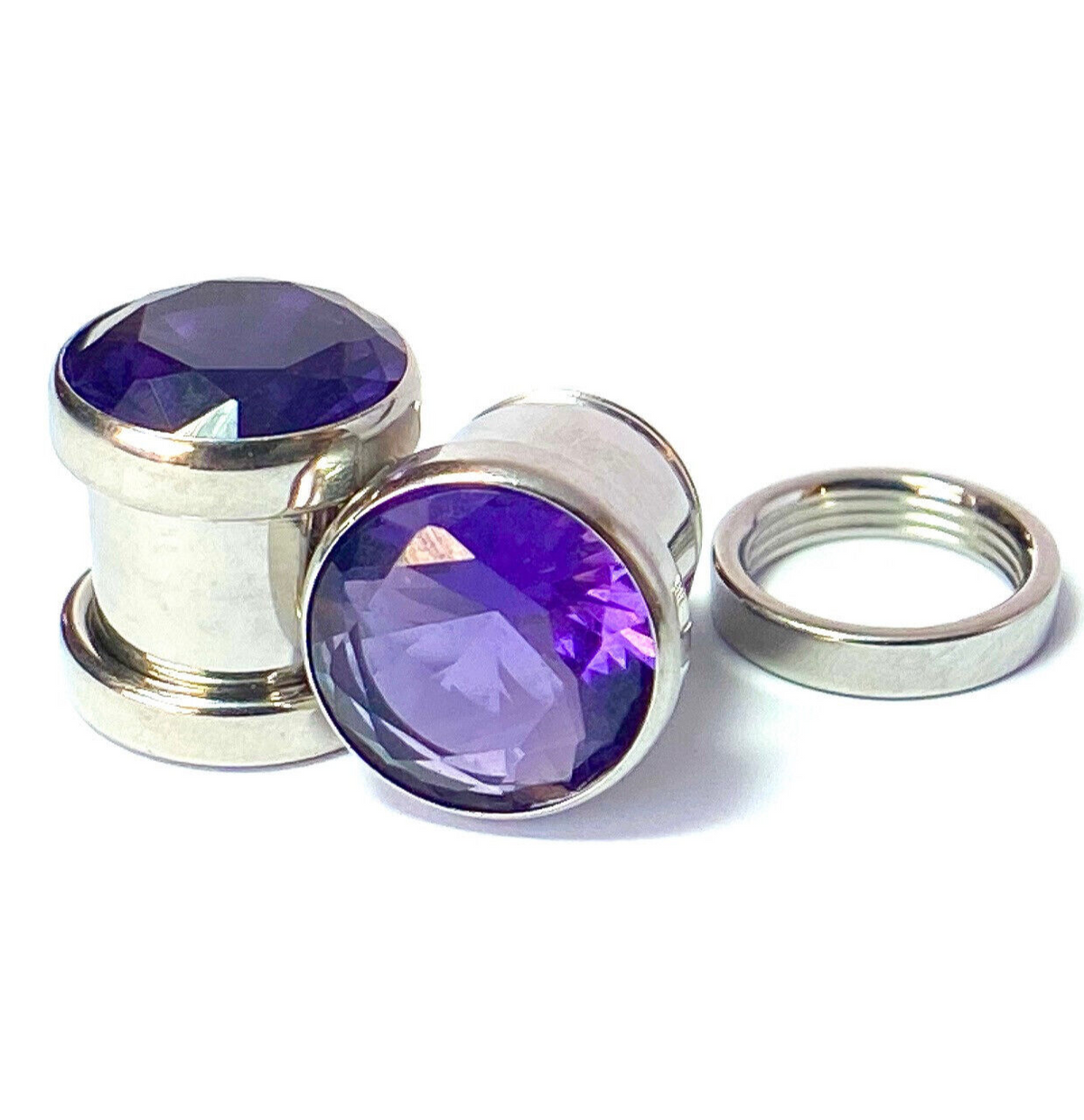 PAIR Large Purple Gem Screw Fit Tunnel Plugs Gauge Pierced Body Jewelry Piercing