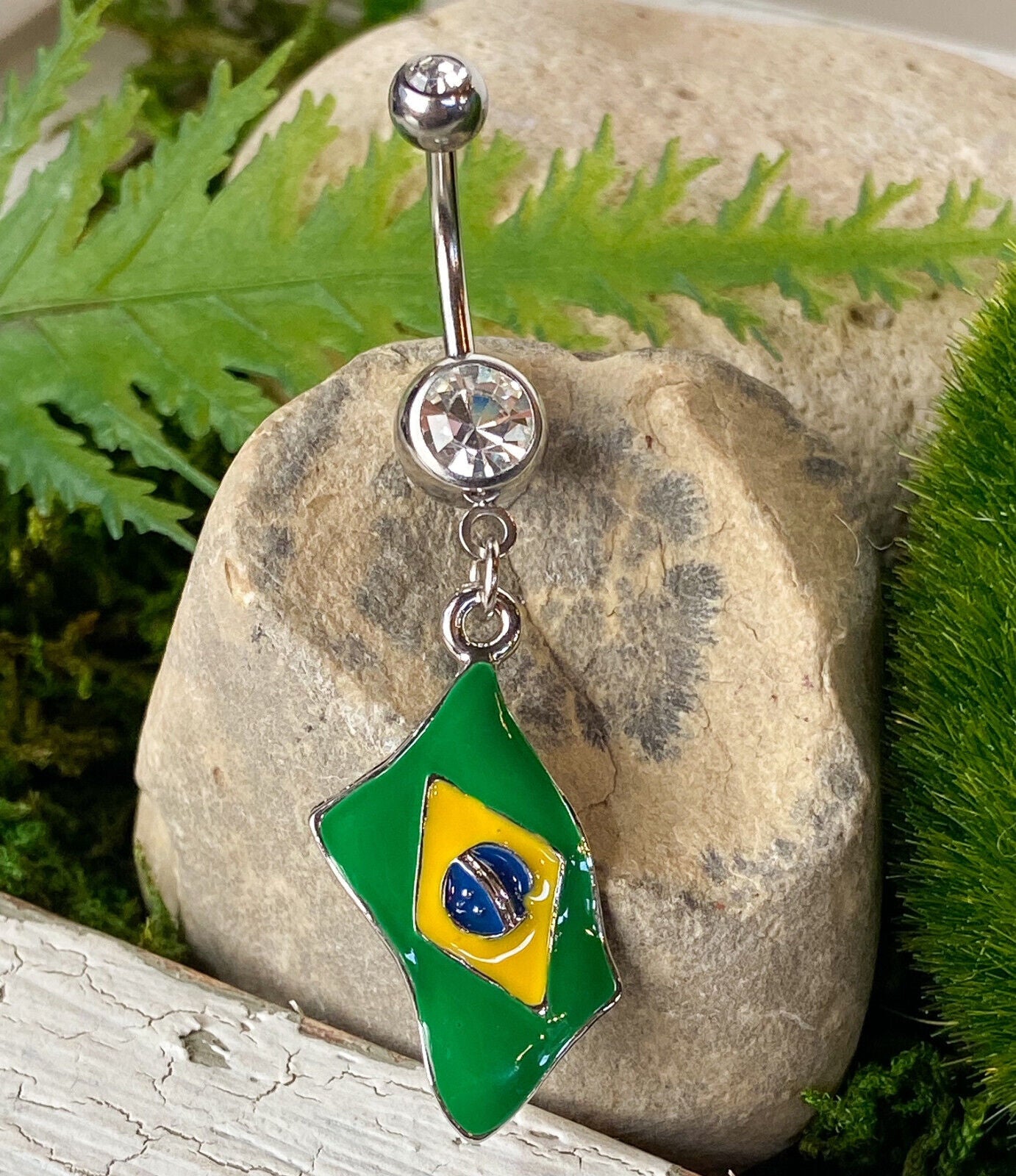 Flag Belly Ring 316L Surgical Steel Pierced Navel Naval Patriotic Country CZ Gem