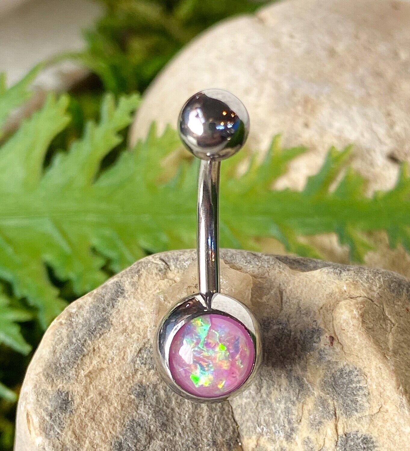 Solitaire Opal Glitter Gem Belly Ring 316L Surgical Steel Navel Naval