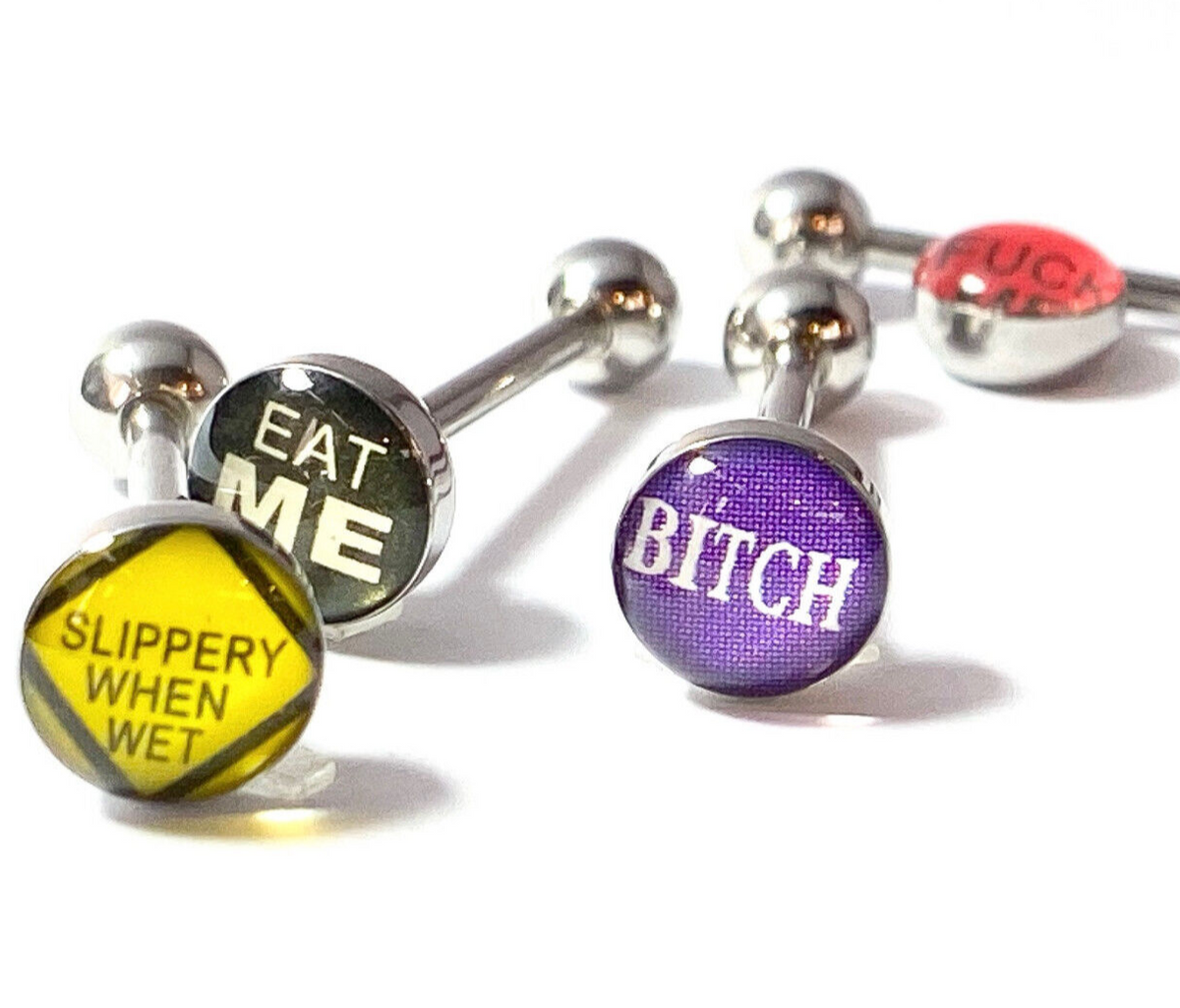 4pc Value Pack Epoxy Dome Bad Word Tongue Rings 14g Tounge Body Jewelry Lot