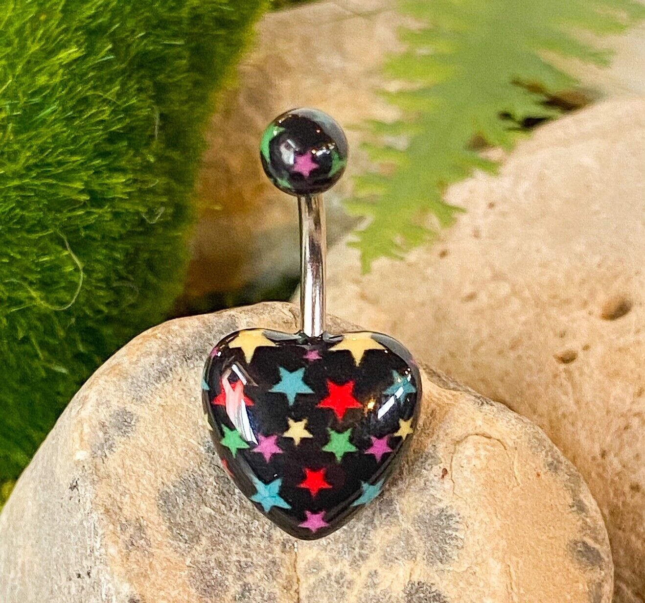 Acrylic Heart Belly Ring Navel Naval Print Black,White, Pink, Blue Stars Cherry