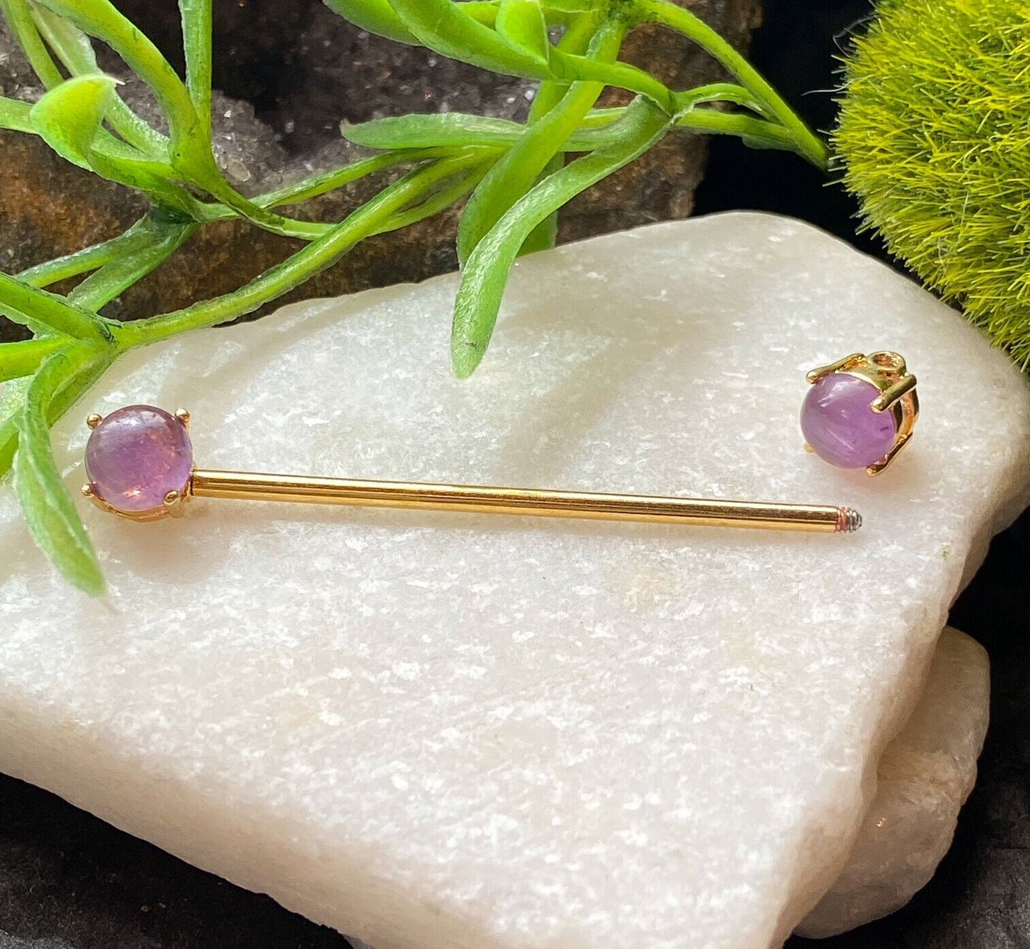 1pc Amethyst Stone 1.5" Industrial Barbell Amythest Body Piercing Jewelry