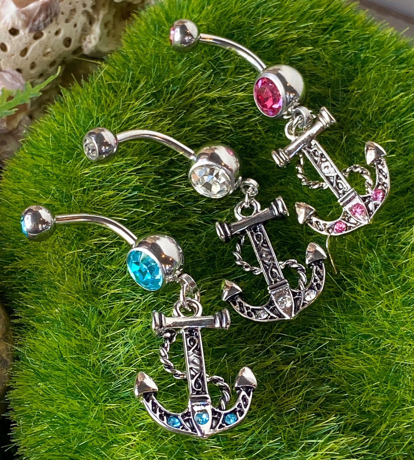 Anchor Dangle Belly Ring Pierced Navel Ship Nautical CZ Gem Clear, Pink, Aqua