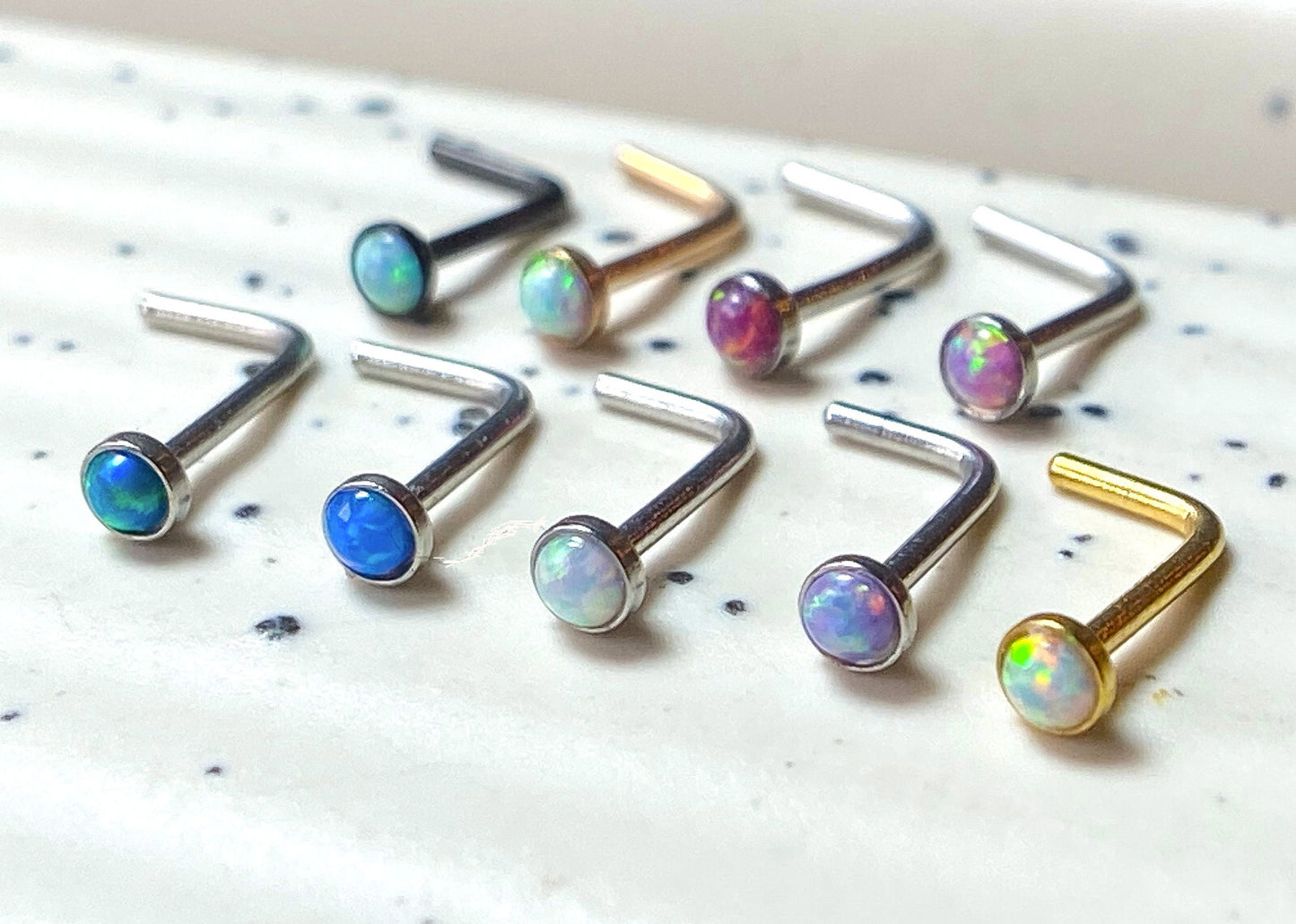 1pc Opal Set L-Bend Nose Ring 316L Surgical Steel Body Jewelry