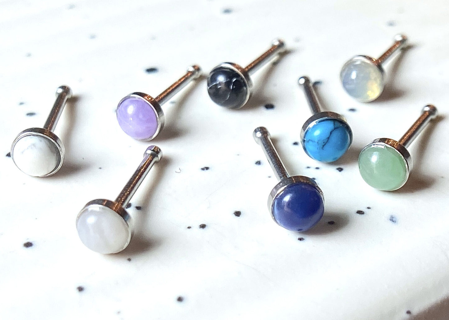 1pc Semi-Precious Stone Set 20g Nose Ring Stud Bone 316L Surgical Steel