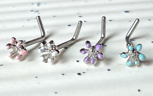 1pc Enamel Flower Top L-Bend 20g Nose Ring Stud Screw Surgical Steel