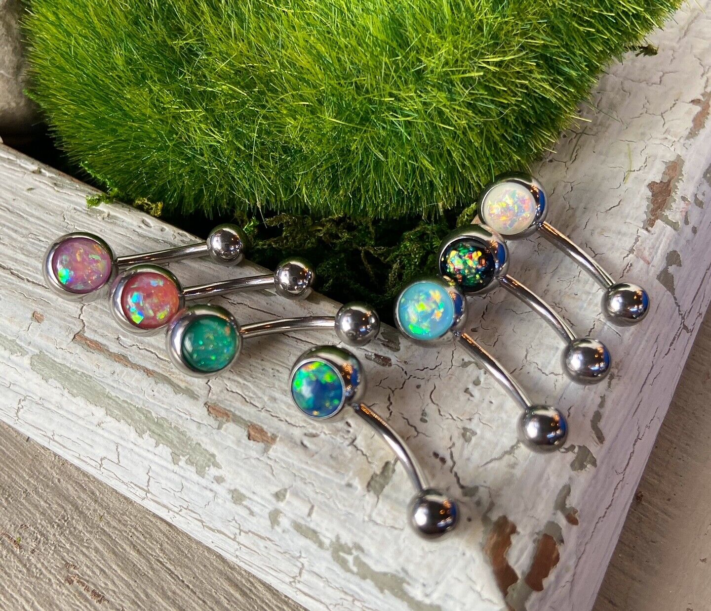 Solitaire Opal Glitter Gem Belly Ring 316L Surgical Steel Navel Naval