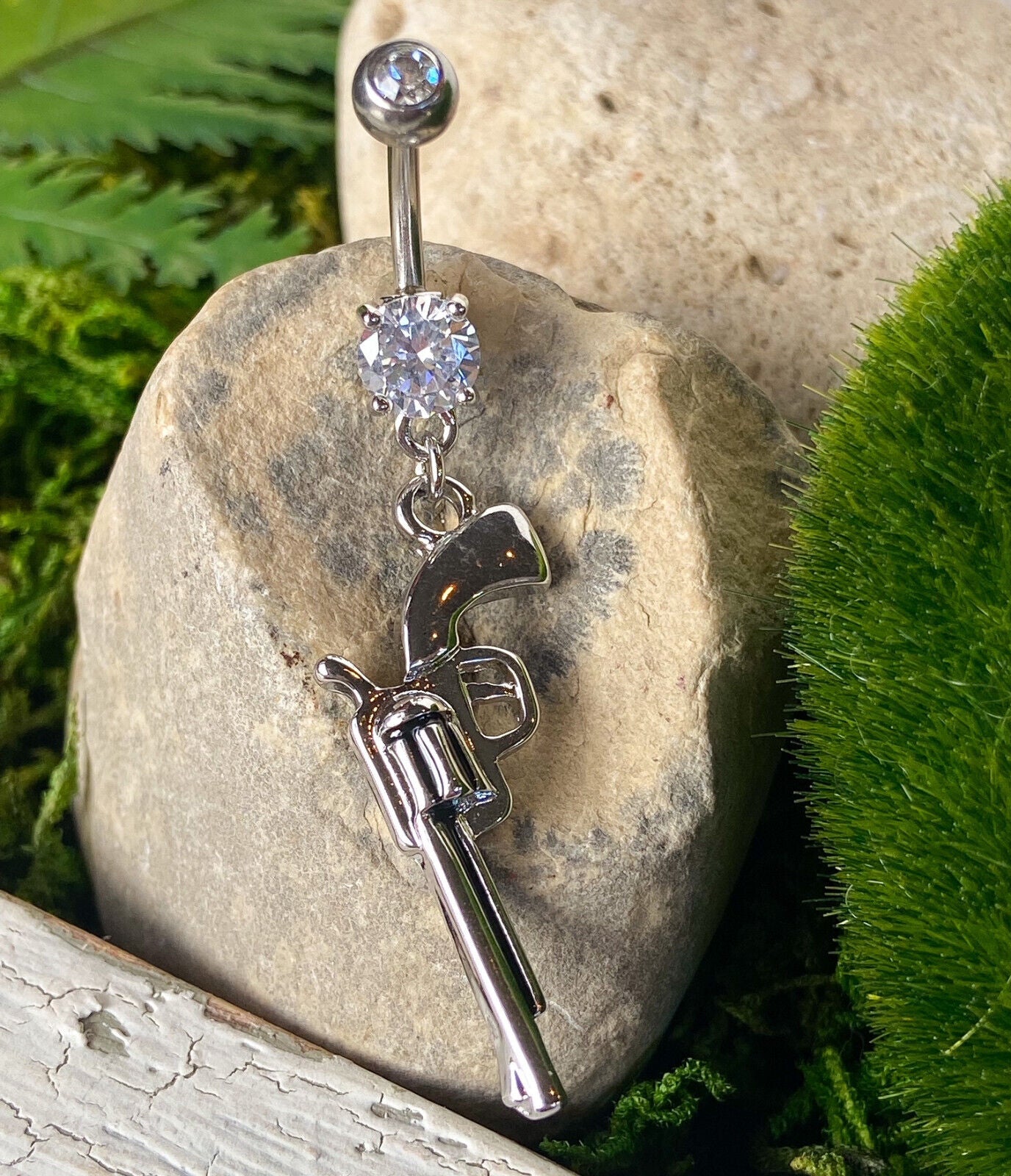 Gun Dangle Belly Ring CZ Gem Pierced Navel Stainless Steel, IP Gold, Hematite