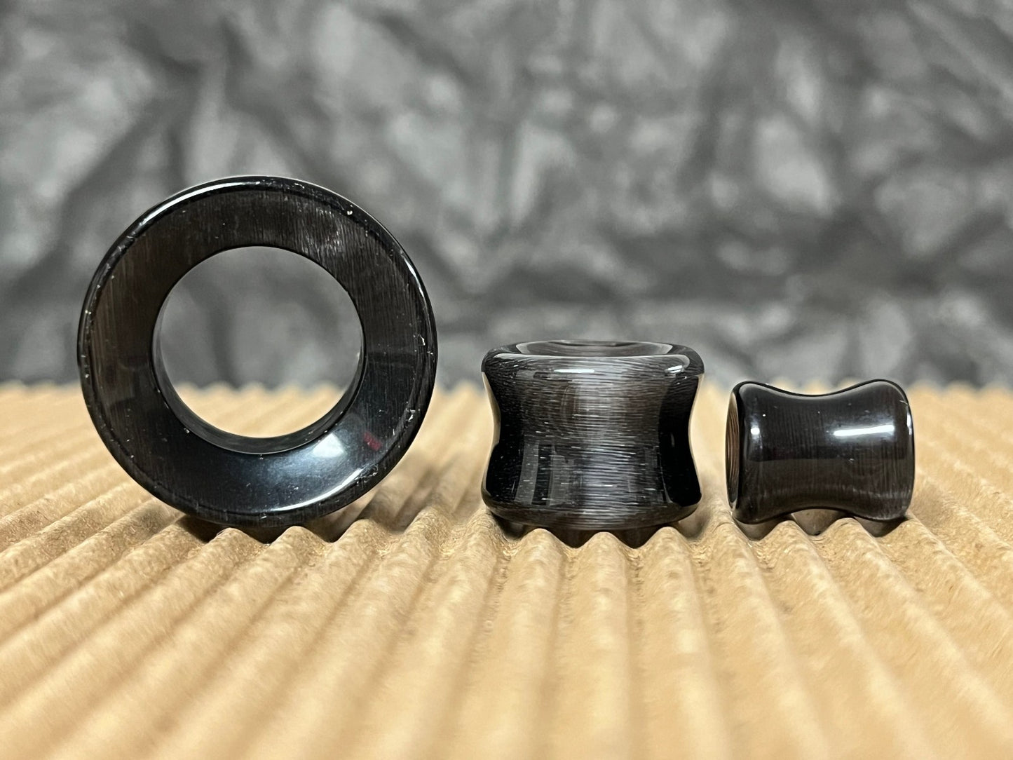PAIR  Black Cat Eye Stone Double Flare Tunnels Plugs Earlets Gauges Body Jewelry