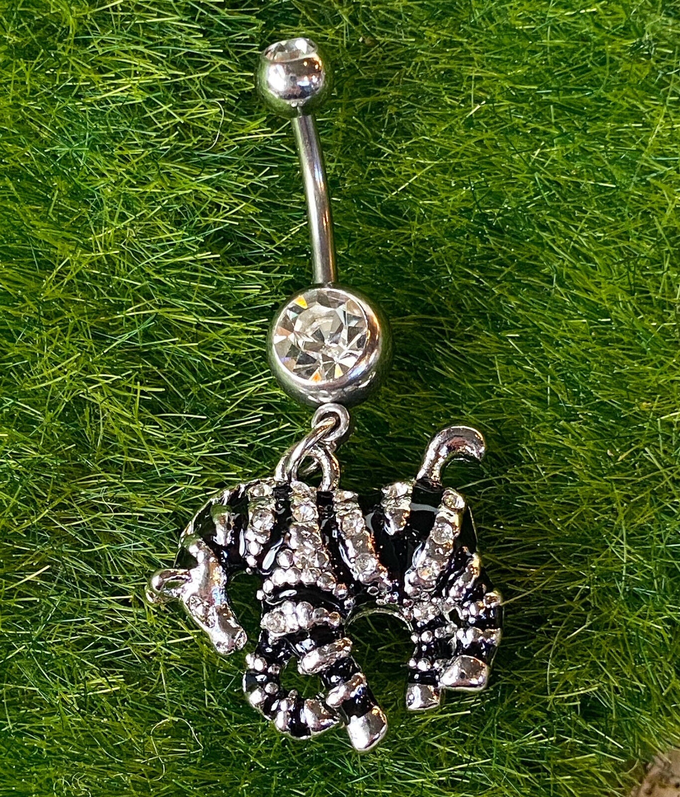 Zebra Black Enamel Paved CZs Striped Dangle Belly Ring Pierced Navel Print 14g