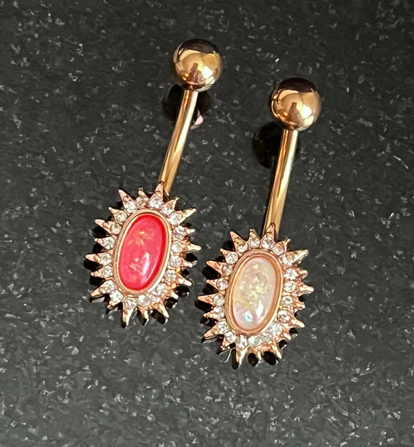 Crystal Paved Oval Sunburst Belly Ring Opal Glitter Center Naval Piercing Navel