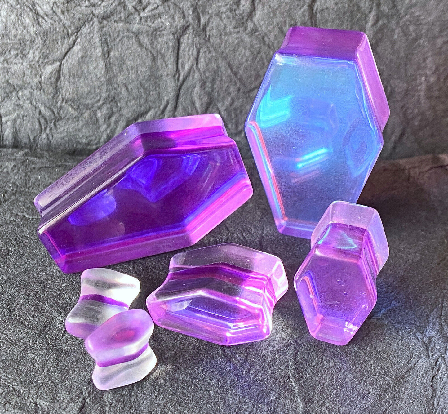 PAIR Mermaid Iridescent Glass Coffin Shaped Double Flare Plugs Gauges