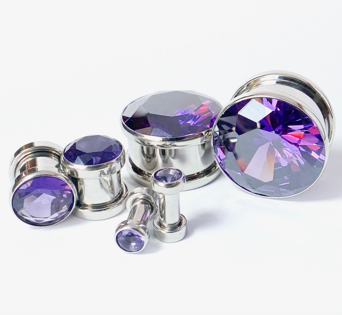 PAIR Large Purple Gem Screw Fit Tunnel Plugs Gauge Pierced Body Jewelry Piercing