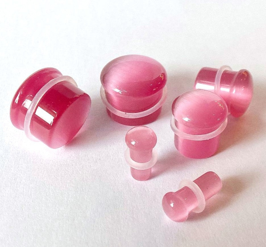 PAIR Pink Cat Eye Stone Plugs Single Flare Tunnels Earlets Gauges Body Jewelry