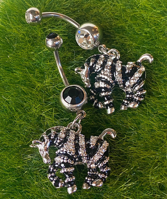 Zebra Black Enamel Paved CZs Striped Dangle Belly Ring Pierced Navel Print 14g