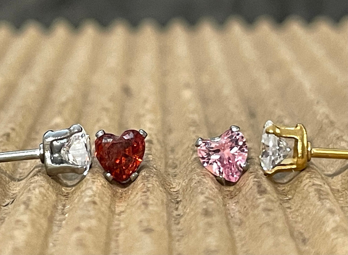 PAIR Heart CZ Gem Stud Earrings 316L Surgical Steel, choose color & gem size