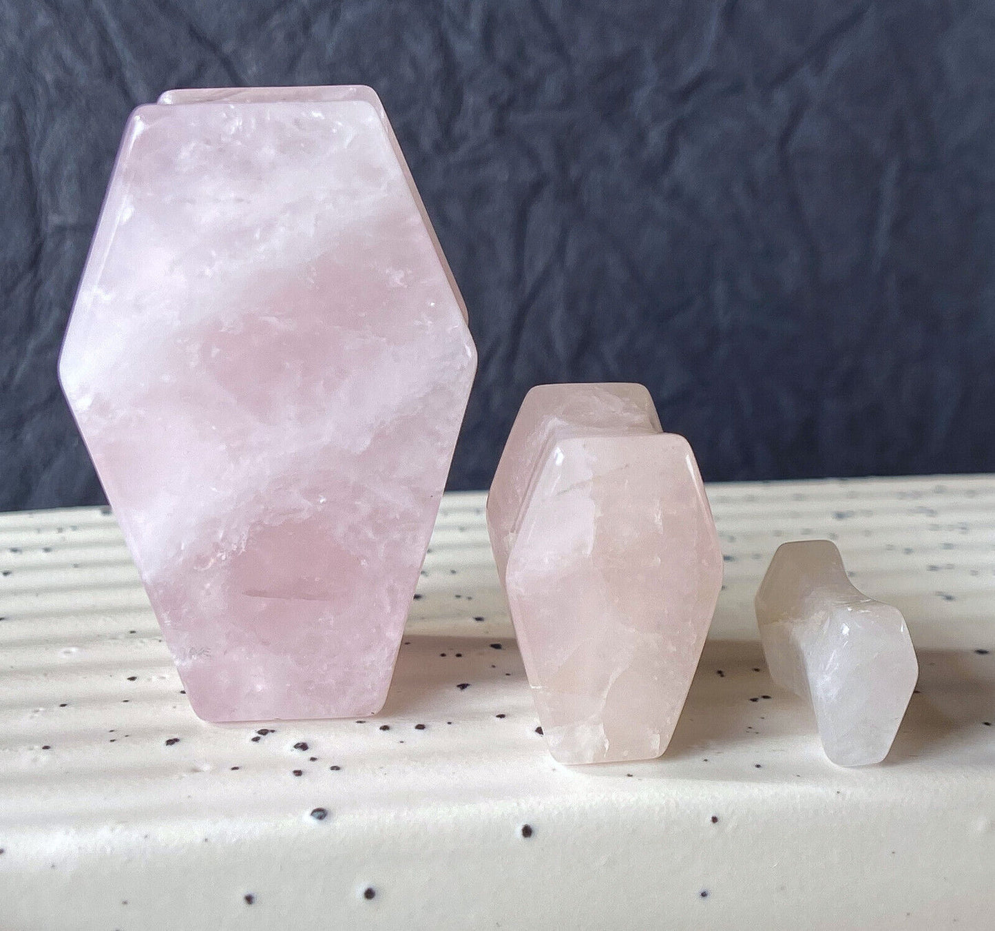 PAIR Rose Quartz Organic Stone Double Flare Coffin Shaped Plugs Gauges