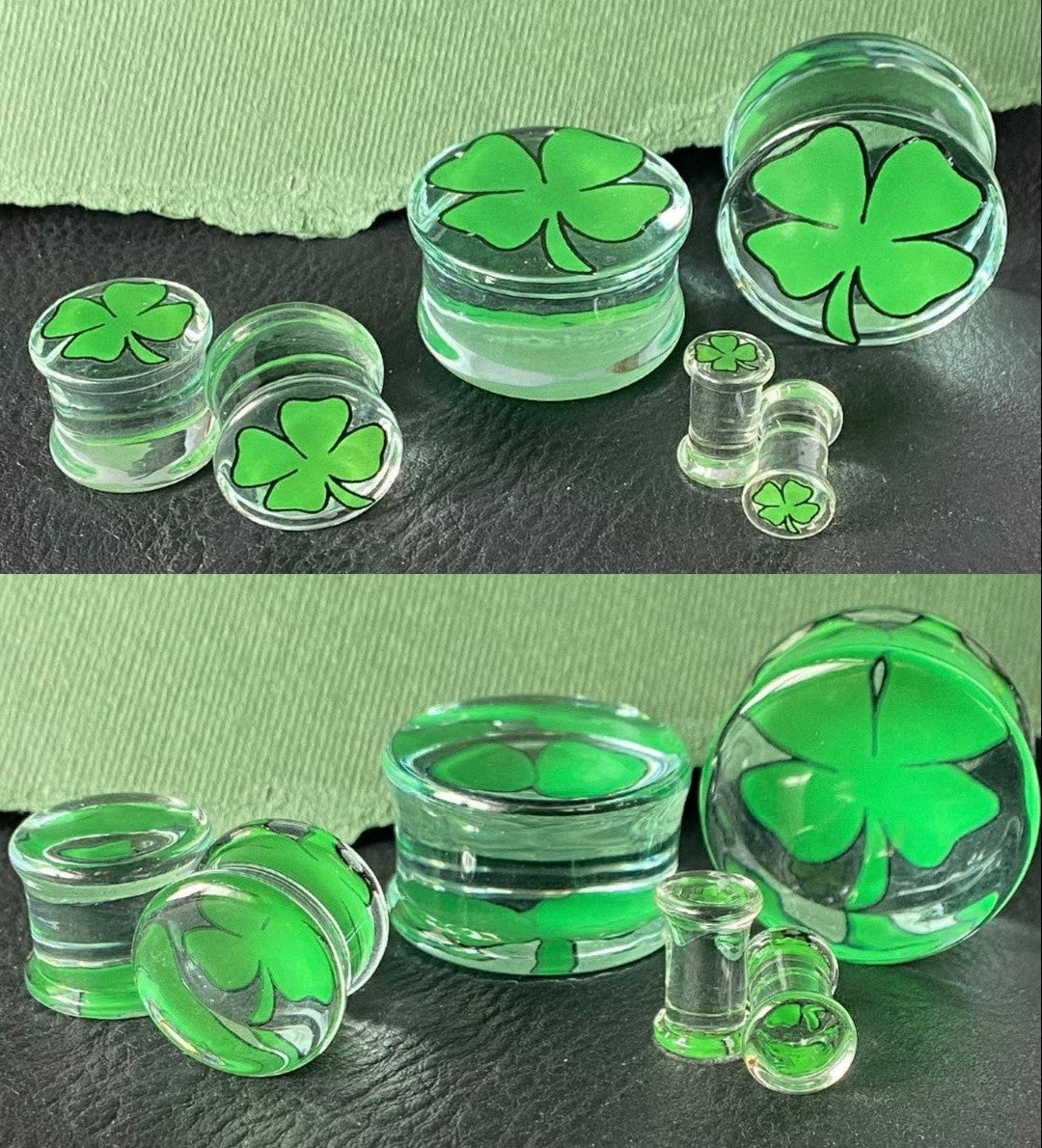 PAIR Green Shamrock Clover Glass Double Flare Plugs Gauges Tunnels Body Jewelry