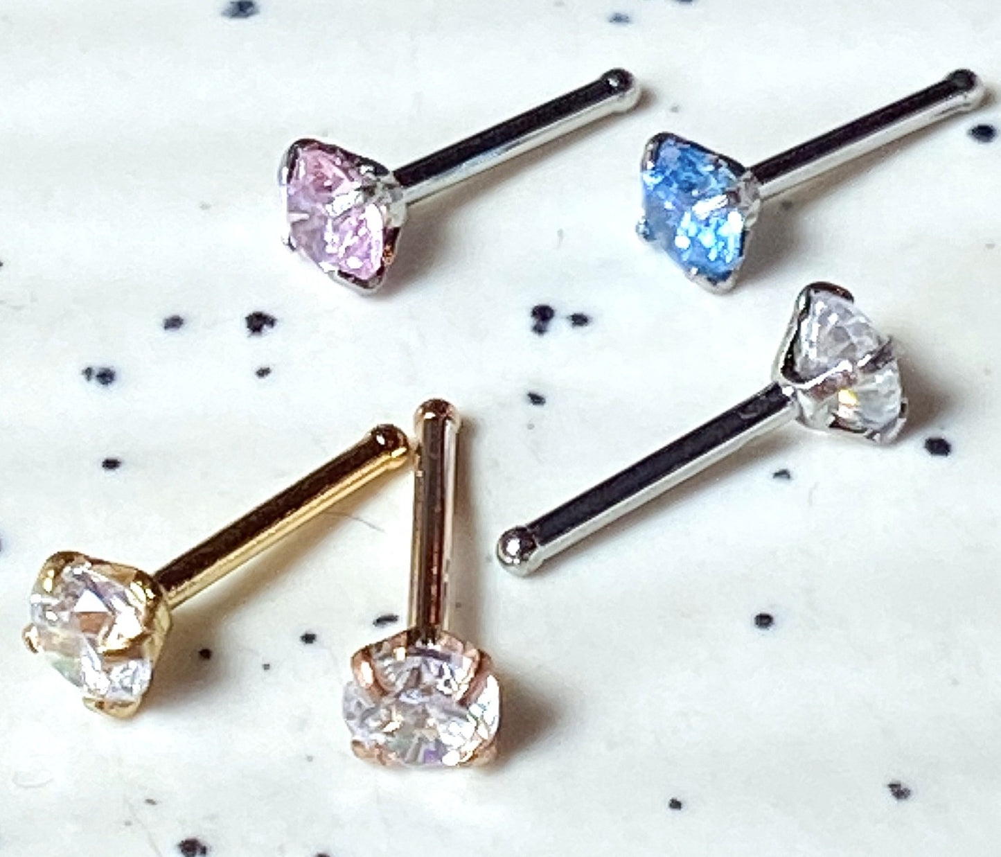 5pcs Prong Set Gem Nose Ring Studs Bones 316L Surgical Steel - choose gem size