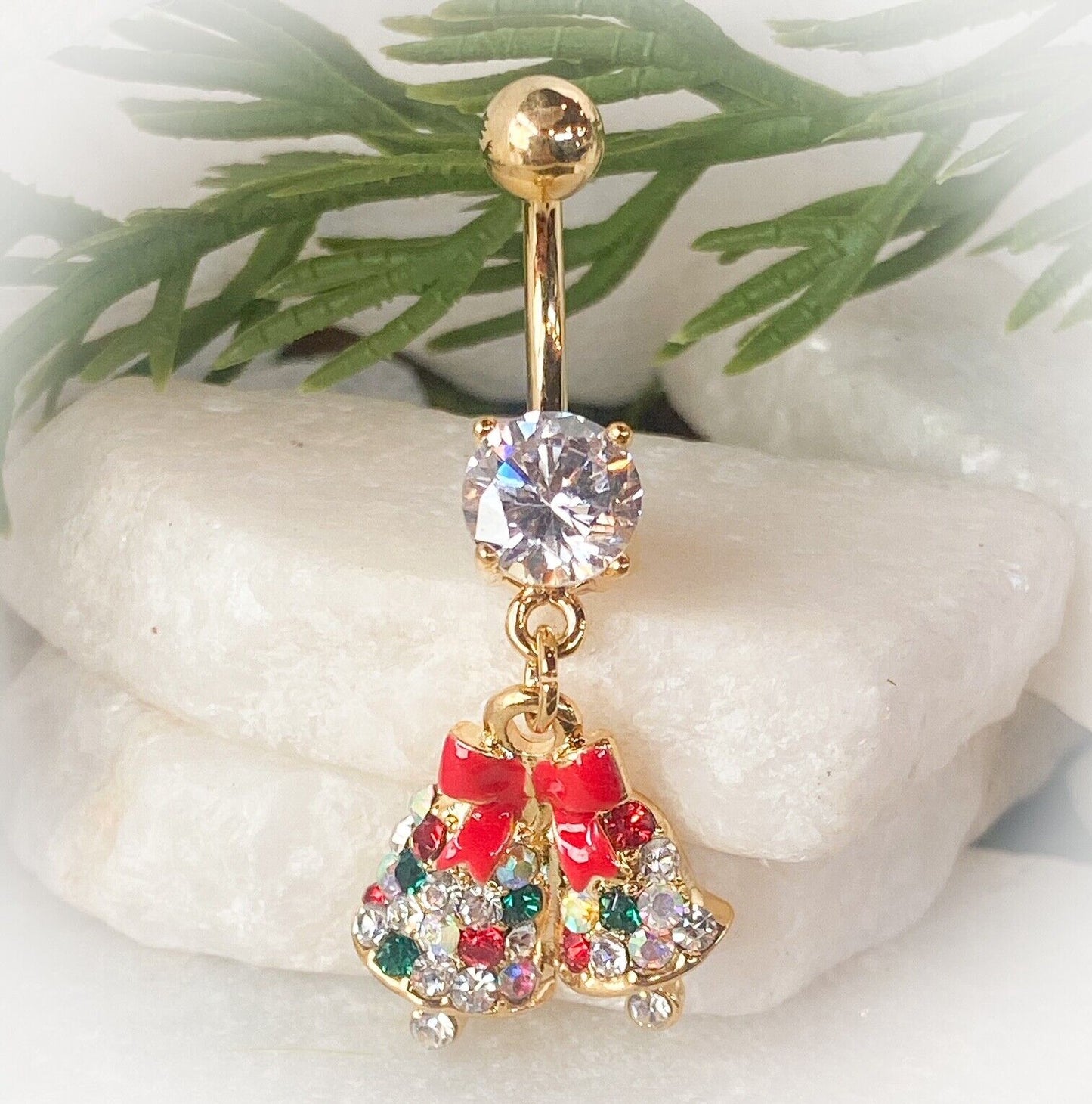 Christmas Dangle Belly Ring Pierced Navel Holiday Surgical Steel 14k Gold IP