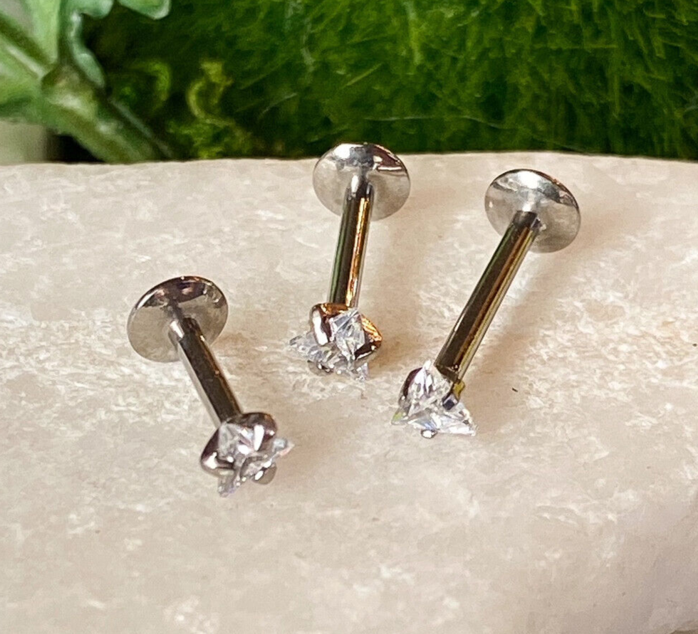 1pc Internally Threaded Solid Titanium Triangle Gem 16g Labret Monroe Stud Ring