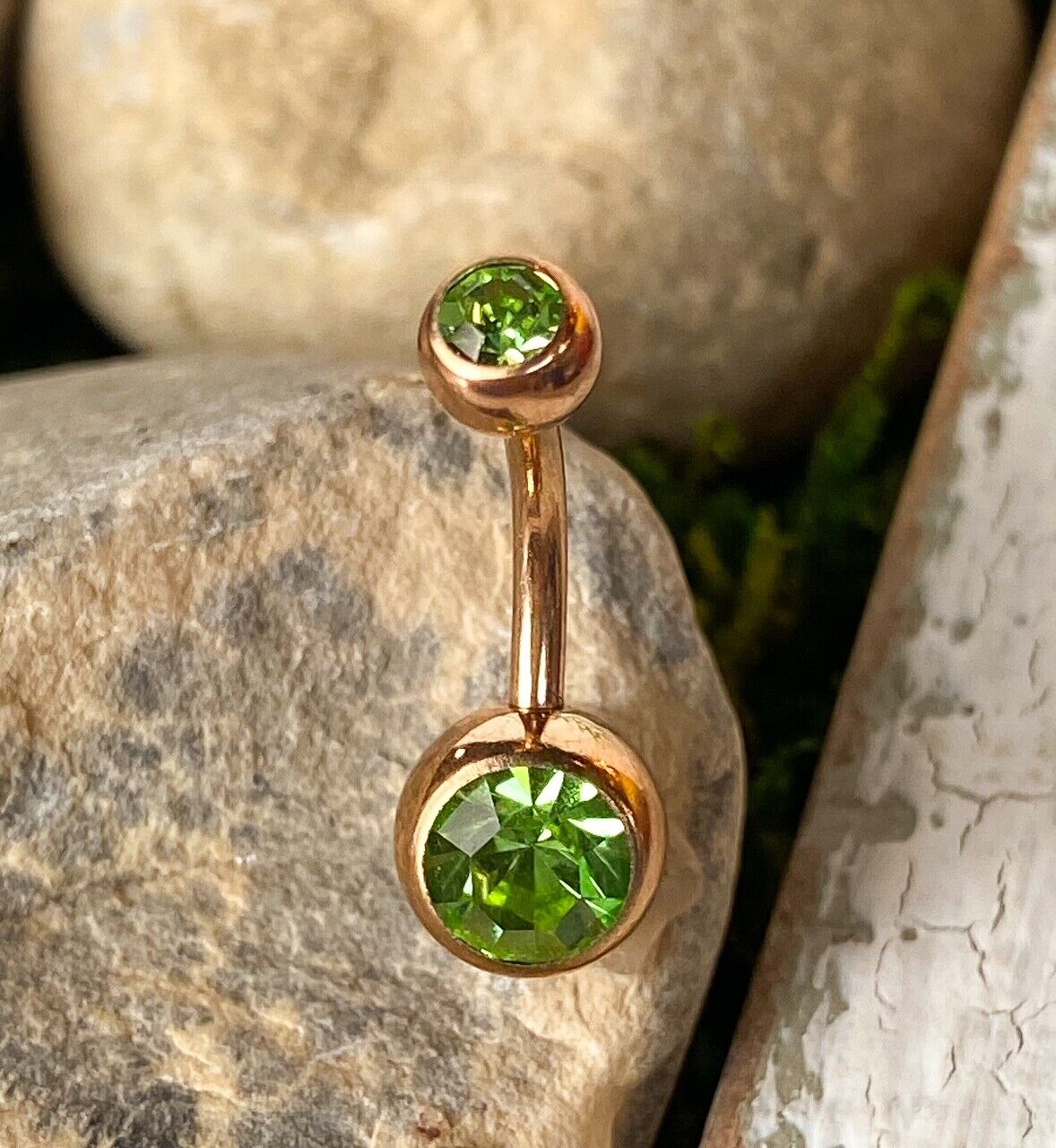 Rose Gold Plated Steel Double CZ Gem Ball Belly Ring Pierced Navel Naval