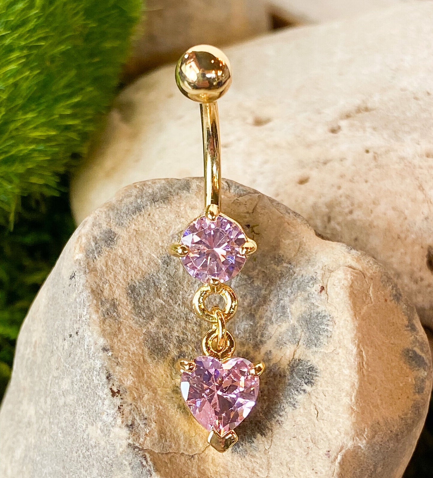 Gold Heart CZ Gem Belly Ring Navel Naval Clear, Pink, Tanzanite