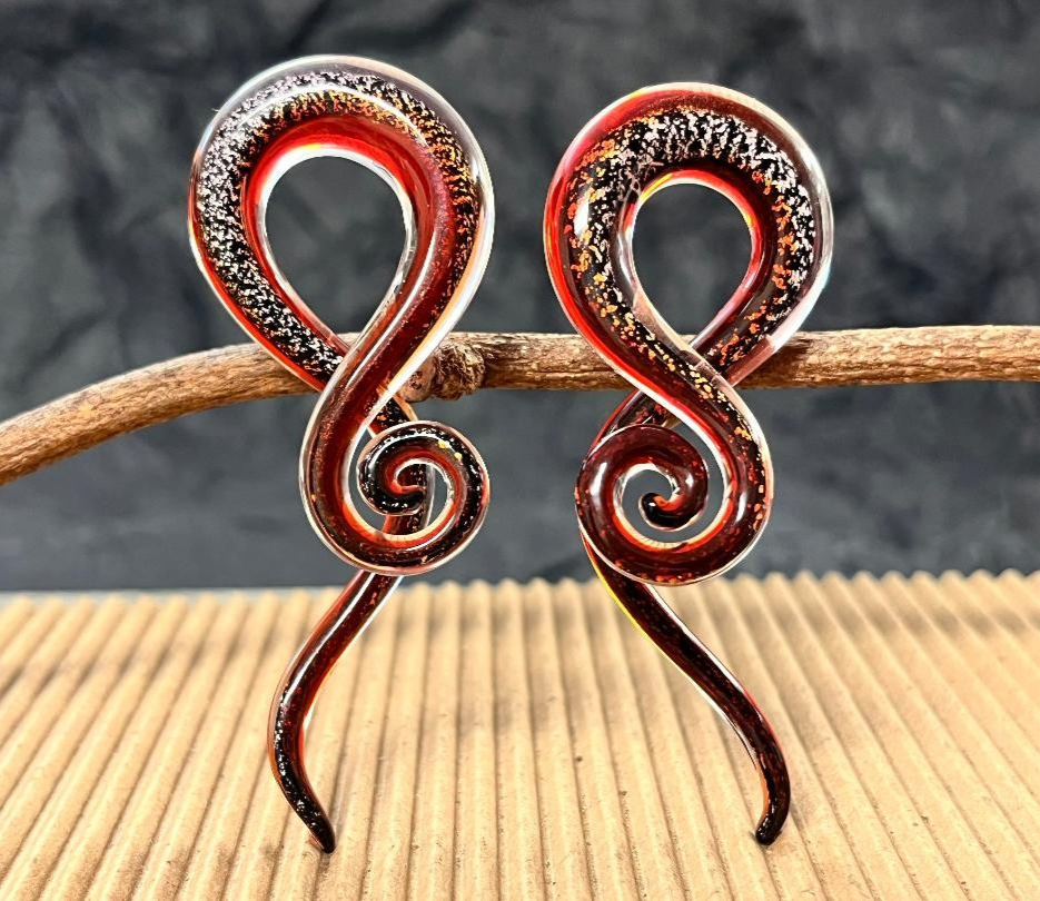PAIR Red Dichroic Glass Tentacle Spiral Hanging Tapers Expanders Plugs Gauges