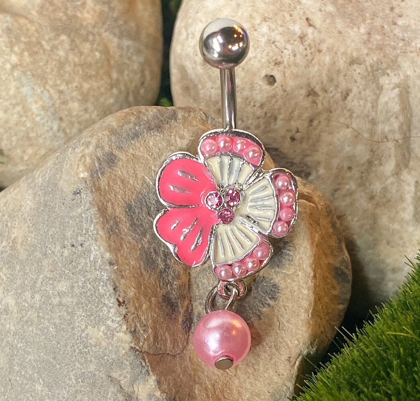 1pc Tropical Flower Pearl Dangle Belly Ring Navel Piercing Pierced Naval