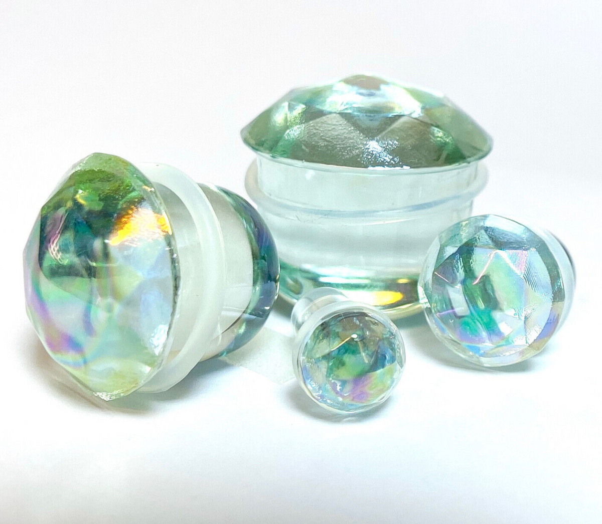 PAIR Iridescent Faceted Glass Single Flare Plugs Tunnels Gauges Body Jewelry