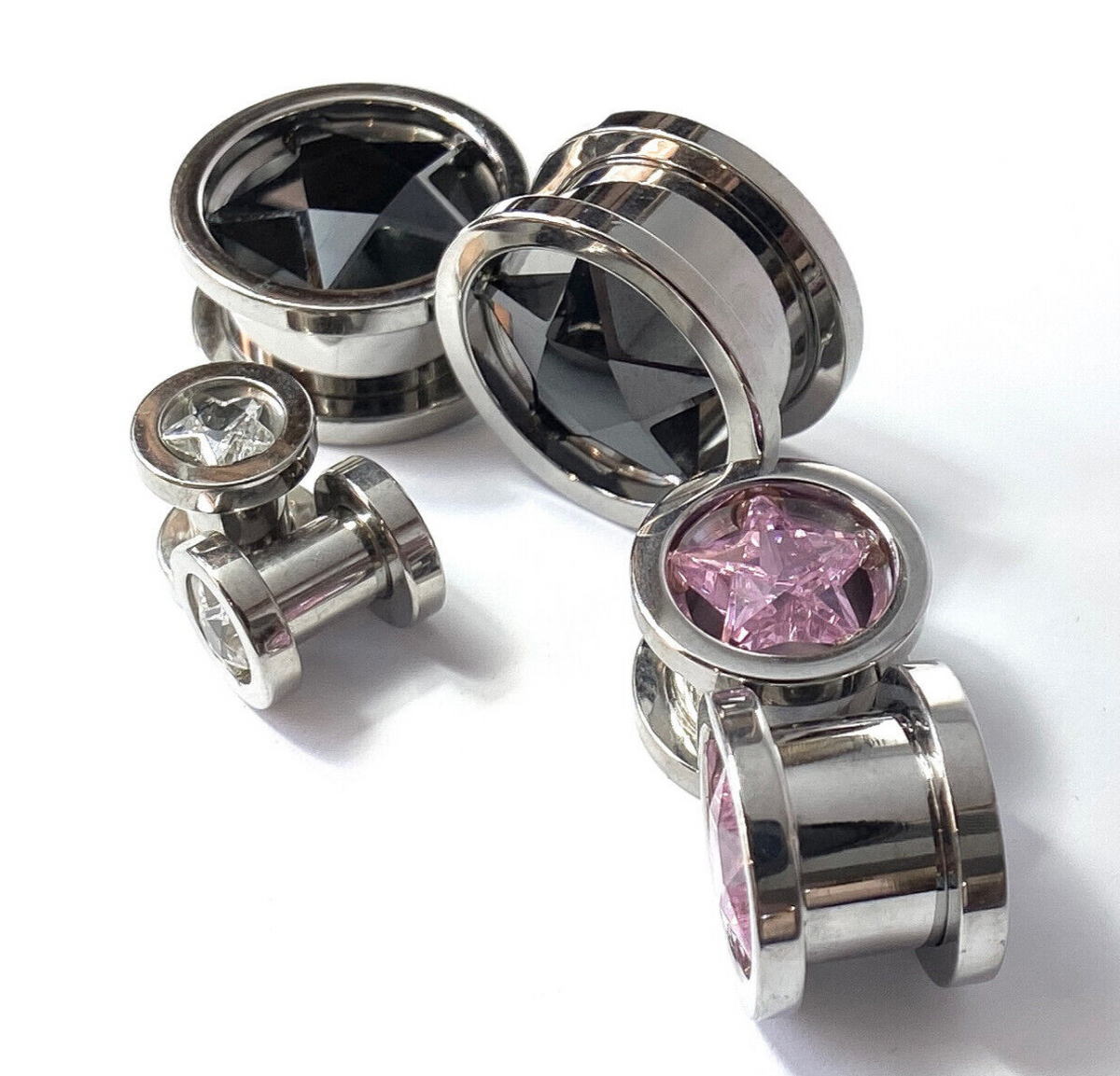 PAIR Star CZ Gem Screw Fit Tunnels Plugs Gauges Earlets Body Jewelry Piercing