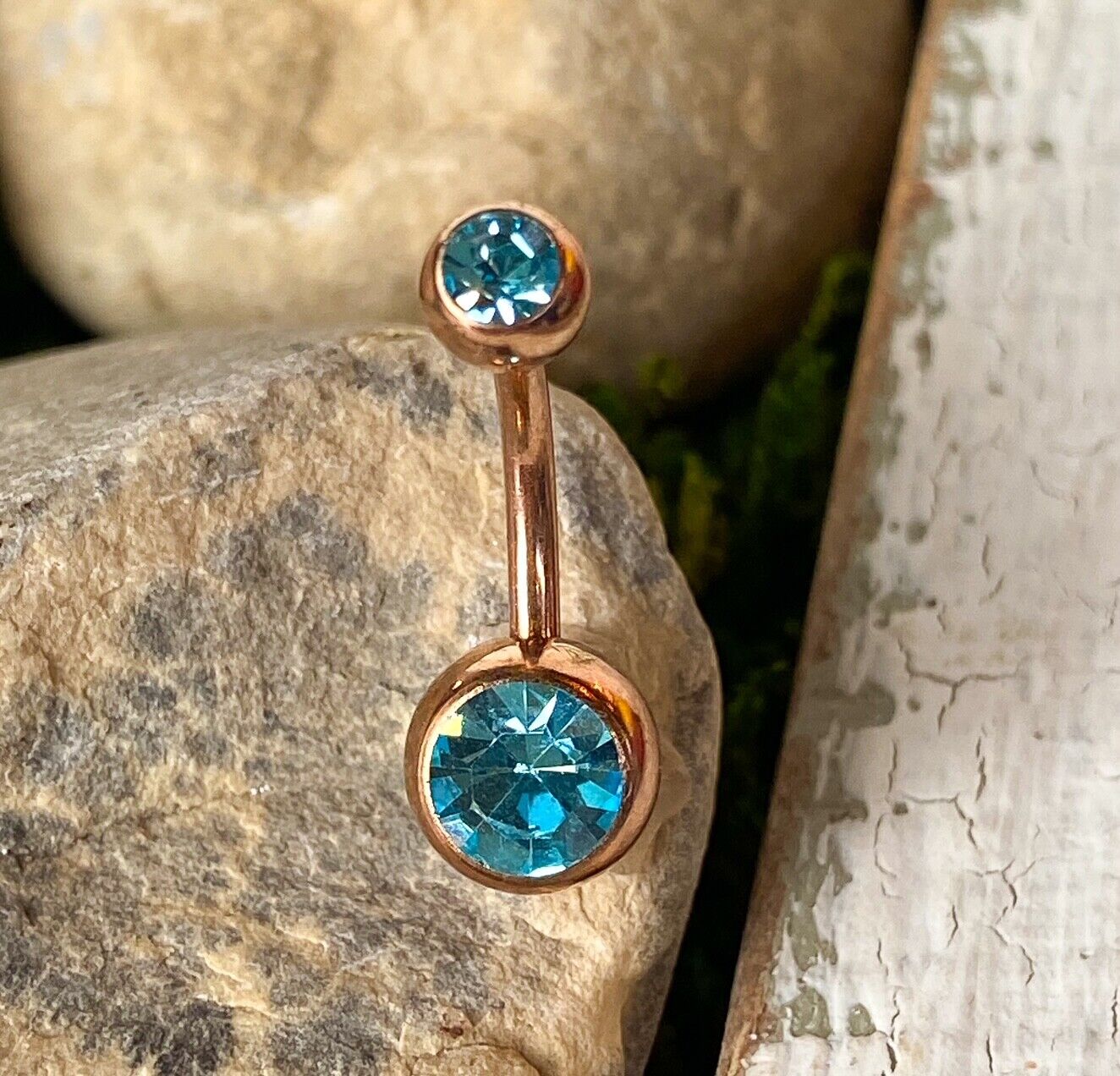 Rose Gold Plated Steel Double CZ Gem Ball Belly Ring Pierced Navel Naval