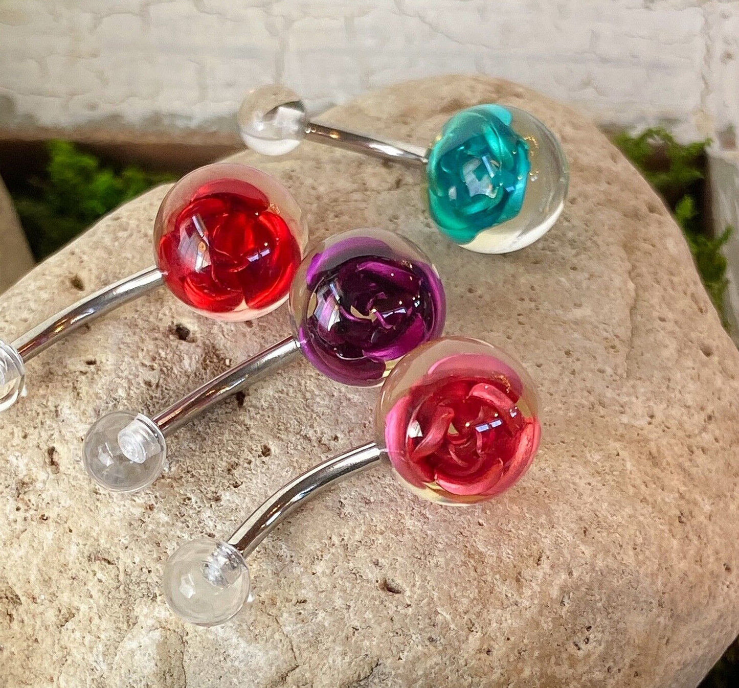 1pc Encased Metal Rose Flower UV Ball Belly Ring Navel Piercing Pierced Naval