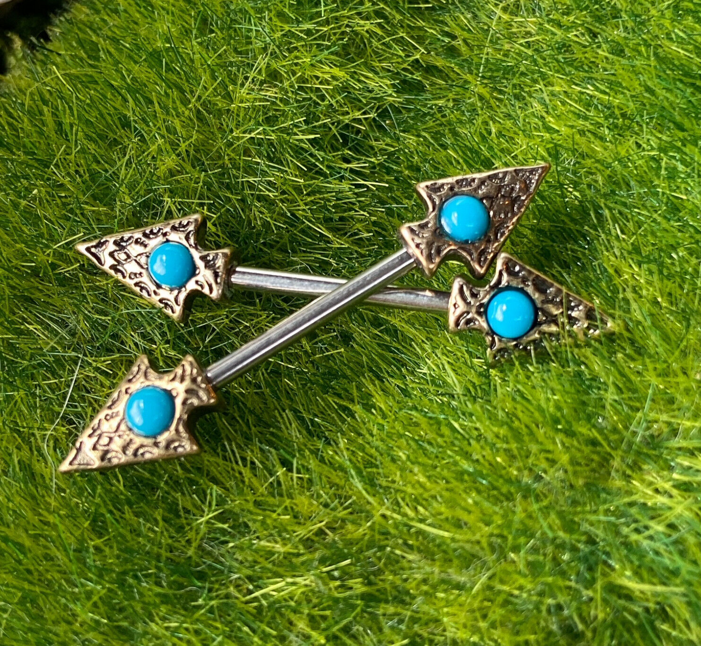 PAIR Tribal Spear w/ Turquoise Nipple Barbells Rings Body Jewelry 14g 14mm bar