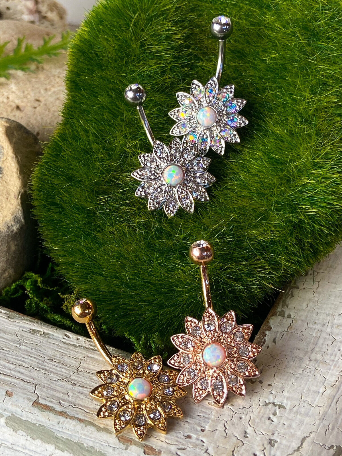 Paved Gems Flower Opal Belly Button Ring Pierced Navel IP 14kt Gold, Rose Gold