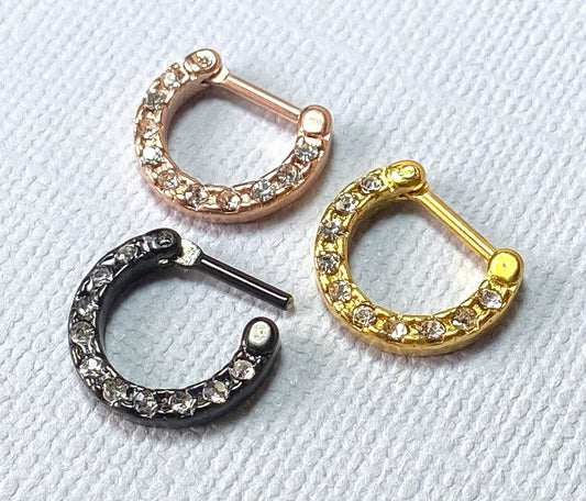 1pc 100% SURGICAL STEEL Crystal Gemmed Septum Clicker Nose Ring 16g 14g