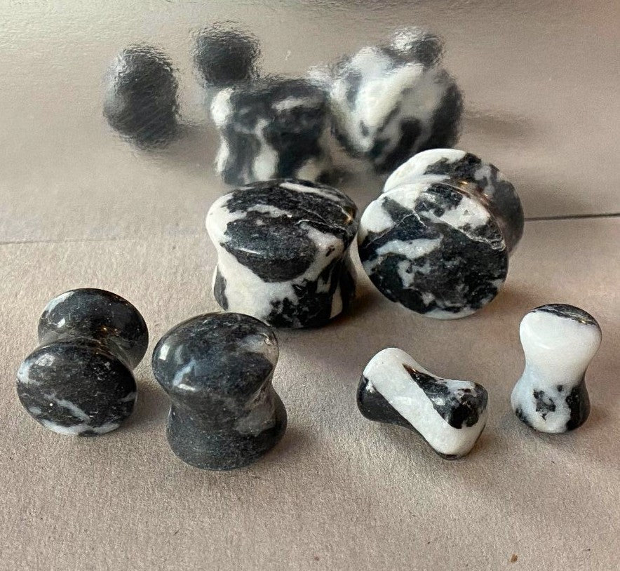 PAIR Natural Zebra Jasper Stone Double Flare Plugs Tunnels Earlet Organic Gauges