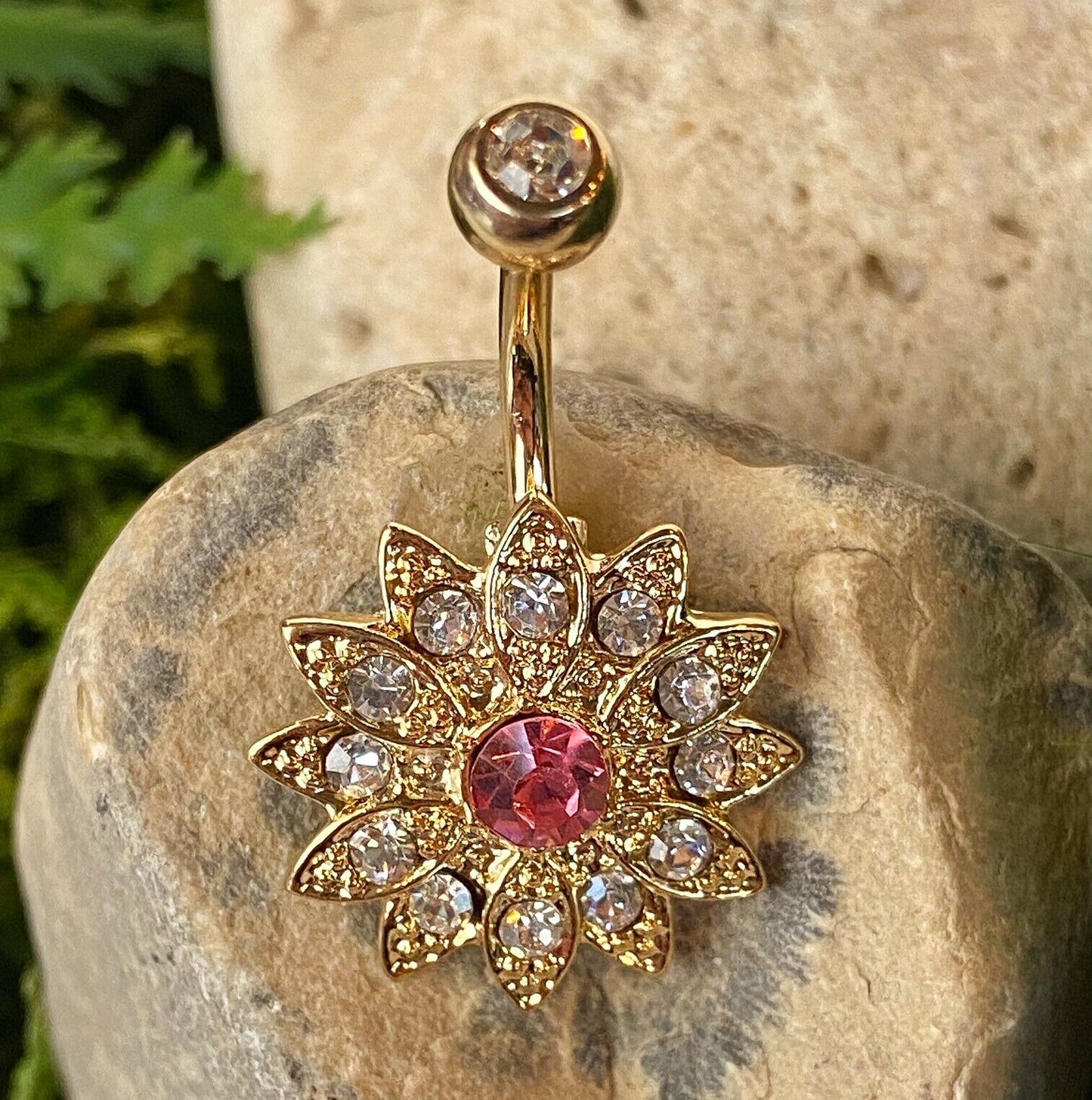 Flower w/ Center Crystal Paved Petals Belly Button Ring Pierced Navel
