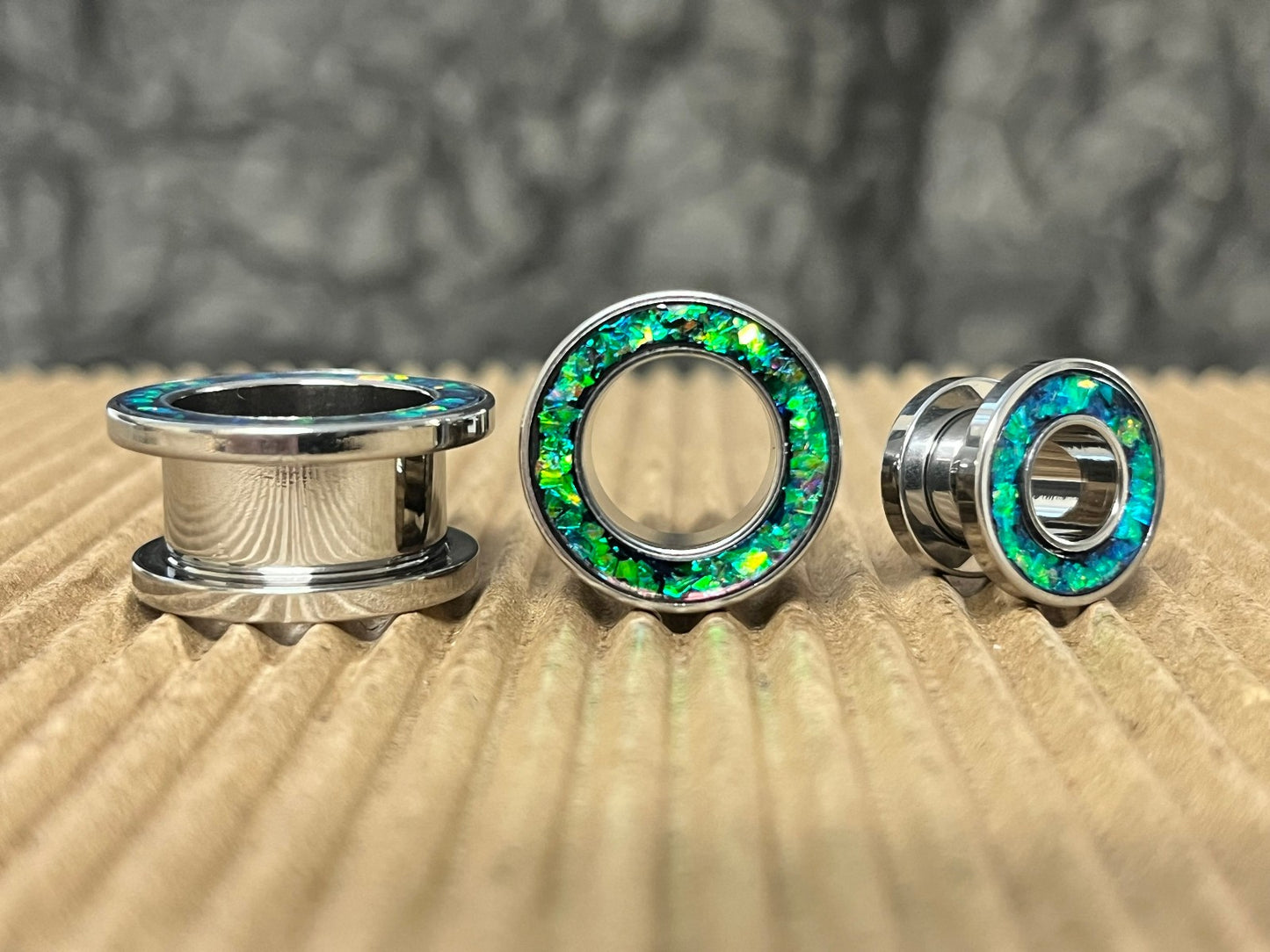 PAIR Green Opal Glitter Rim Screw Fit Tunnels Ear Plugs Earlet Rimmed Gauges