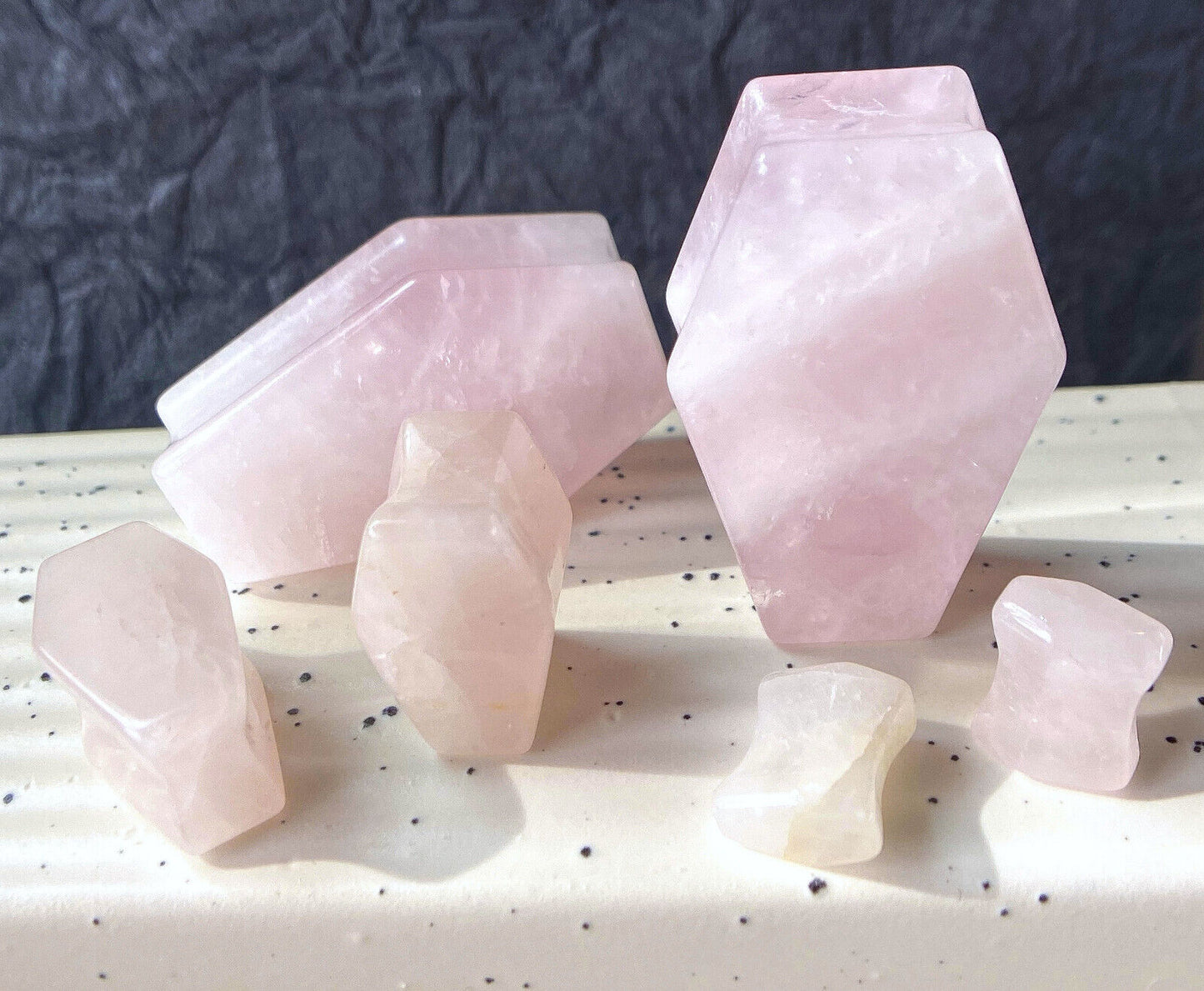 PAIR Rose Quartz Organic Stone Double Flare Coffin Shaped Plugs Gauges